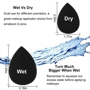 Black makeup sponge showing size expansion from dry to wet state for makeup