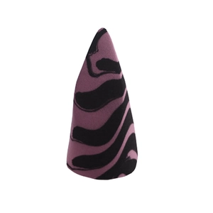 Detail shot of conical makeup sponge featuring unique purple and black marble texture
