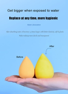 Comparaison d'éponges de maquillage doublant de volume à 1,5x après trempage dans l'eau
