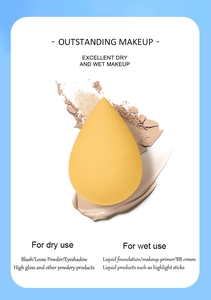 Vue détaillée d'une éponge maquillage jaune en forme de goutte pour usage sec ou humide