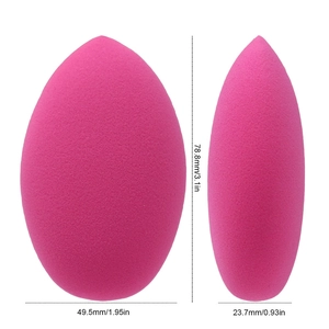 Magenta teardrop makeup sponge for foundation application, front and side view dimensions