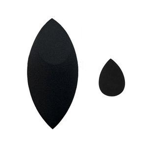 Black makeup sponge set with olive cut and mini teardrop shapes for wet and dry use