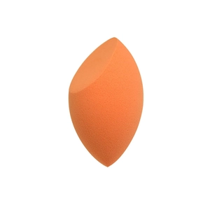 Detail view of orange beauty blender sponge with large flat edge design for makeup