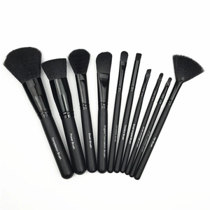 Close-up of professional 10pcs black makeup brush set with functional labels on handles