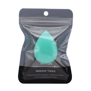 Mint green teardrop makeup sponge blender in ALYAN branded frosted zipper bag packaging