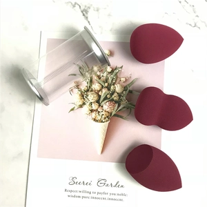 Detail of burgundy makeup sponge set with drop, gourd, and flat cut shapes in a clear tube