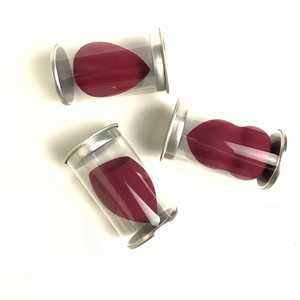 Set of 3 burgundy makeup sponges in transparent cases: teardrop, gourd, and cut shapes