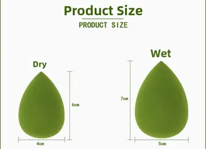 Size comparison chart showing dry and wet dimensions of the green makeup sponges