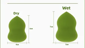 Size comparison of makeup sponge showing dry 6x4cm and wet 7x5cm expansion states