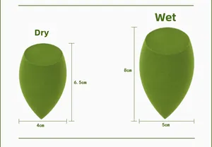 Size chart showing wet and dry expansion of non-latex olive green makeup sponges