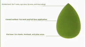 Detail showing the grass green makeup sponge teardrop design for facial blending and contouring