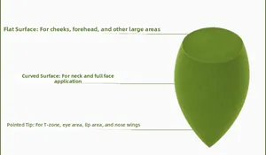 Detail view of olive green makeup sponge showing flat cut, curved side, and pointed tip