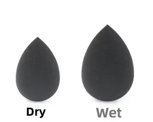 Black teardrop beauty sponges showing size comparison between dry and wet state