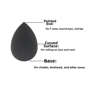 Detailed guide showing usage zones of a black teardrop makeup sponge for face makeup