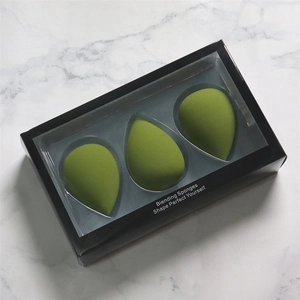 3-pack olive green teardrop makeup sponge set in black window gift box packaging