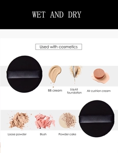 Detail of dual-use black makeup puff showing smooth texture for liquid and powder use