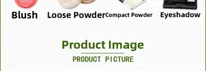 Gedetailleerde weergave van make-upset met blush, losse poeder, compact poeder en oogschaduw