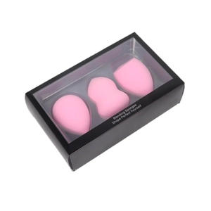 Driedelige lichtroze make-up spons set met druppel-, pompoen- en schuine vormen in doos
