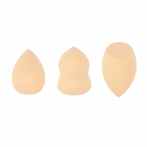 Three-piece beige makeup sponge set including teardrop, gourd, and slanted cut shapes