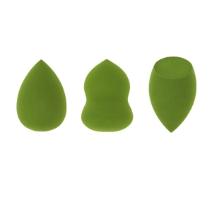 Three-piece green beauty blender set with teardrop, gourd, and slanted cut makeup sponges