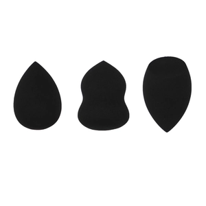Three-piece black makeup sponge set featuring teardrop, gourd, and slanted shapes