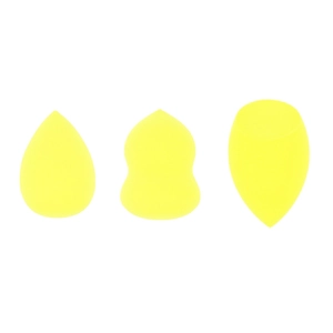 Three bright yellow makeup sponges including teardrop, gourd and beveled shapes for makeup