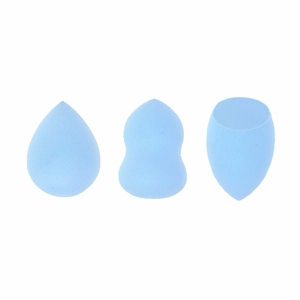 Three light blue makeup sponges including teardrop and slanted shapes on white background
