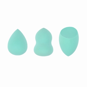 Three-piece mint green makeup sponge set featuring teardrop, gourd, and slanted shapes