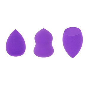 Detailed view of 3-piece purple non-latex beauty blender set with teardrop and gourd shapes