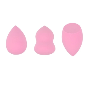 Three-piece pink makeup sponge set featuring teardrop, gourd, and flat-cut shapes for makeup