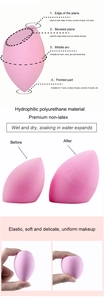Detailed view of non-latex pink makeup sponge showing usage zones and elasticity.
