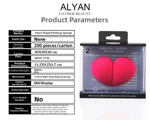 Detail view of pink teardrop makeup sponge set in heart-shaped clear box packaging
