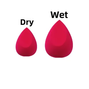 Comparison of dry and wet teardrop makeup sponge showing size expansion after soaking