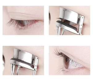 Détail macro montrant l'utilisation étape par étape du recourbe-cils en acier inoxydable