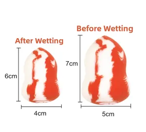 Detailed comparison of orange marble makeup sponge showing size before and after wetting