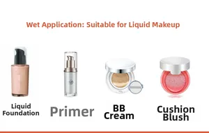 Wet use guide for makeup sponge showing foundation, primer, BB cream and cushion blush