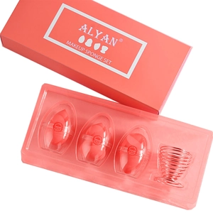 Set de esponjas de maquillaje coral con tres blenders, estuches y soporte metálico