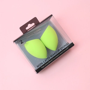 2-pack bright green teardrop makeup sponges with slanted edges in transparent box
