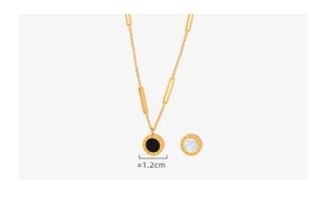 Detail of 1.2cm Roman numeral pendant necklace and earrings set in golden titanium steel