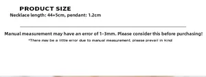 Size chart showing 44+5cm necklace length and 1.2cm pendant size with product dimensions