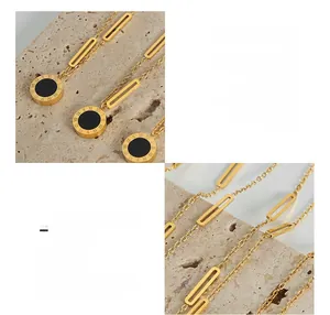 Detail of 18K gold plated titanium necklace with Roman numerals and acrylic pendant