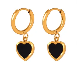 Boucles d'oreilles Créoles Pendentif Cœur Vintage Plaqué Or 18K Acier Titane Émail Noir Bijoux Géométriques Femmes