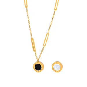Vintage Roman Numeral Round Disc Pendant Necklace Titanium Steel 18K Gold Plated White Shell Acrylic For Women Gift