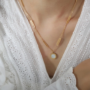 Golden titanium steel necklace with Roman numerals pendant and white shell inlay