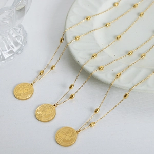 Vintage relief coin portrait pendant in gold plated titanium steel with bead chain