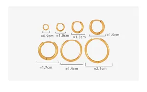 Size chart showing seven sizes of minimalist gold titanium hoop earrings from 0.9cm to 2.1cm