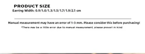 Size chart showing width dimensions from 0.9cm to 2.1cm for titanium gold earrings