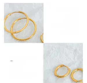 Detail of minimalist 18K gold plated surgical titanium steel hoop earrings set