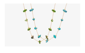 Detail view of 18k gold chain with irregular turquoise and green natural stone fragments