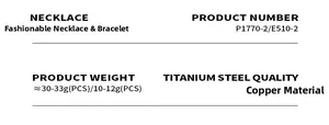 Specifications for gold plated copper necklace and bracelet set showing weight and size